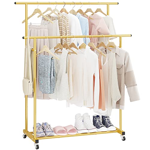 Calmootey Kleiderständer mit Doppelstange, rollender Kleiderständer, tragbarer Kleiderständer für Schlafzimmer, Wohnzimmer, Bekleidungsgeschäft, Gold Calmootey Kleiderständer mit Doppelstange, rollender Kleiderständer, tragbarer Kleiderständer für Schlafzimmer, Wohnzimmer, Bekleidungsgeschäft, Gold von Calmootey