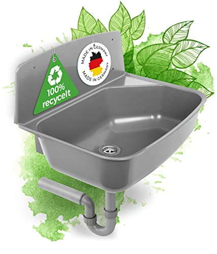 Calmwaters® Nachhaltiges Ausgussbecken - Made in Germany - 100% recycelter Kunststoff - mit Siphon und Edelstahl-Sieb - Spritzschutz - Grau von Calmwaters