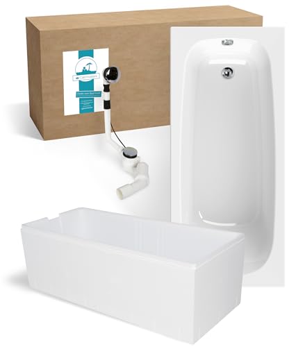 Calmwaters® Premium Badewanne Komplettset 170x75 cm Original, Made in EU, 3in1 Acryl-Badewanne mit Wannenträger & Ablaufgarnitur, Körperformbadewanne, Rechteckbadewanne 170 x 75, 200 l, Weiß von Calmwaters