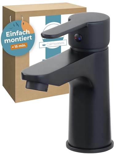 Calmwaters® Schwarze Waschtischarmatur mit einfacher Montage von oben, Wasserhahn inklusive Pop-Up-Ventil, leicht selbst montiert, Wasserspar-Kartusche von Calmwaters