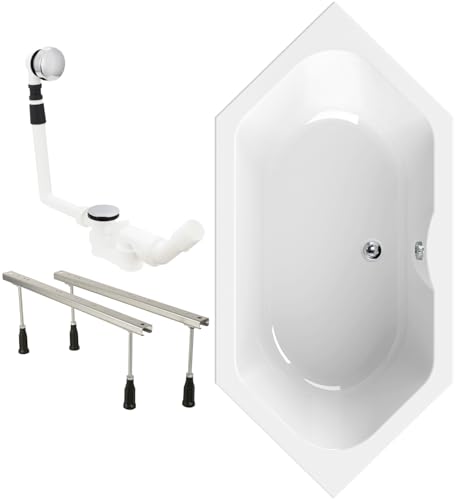 Calmwaters® Sechseck Badewanne Komplettset 190x90 cm, Made in EU, mit Wannenfüßen & Ablaufgarnitur, Acrylwanne Exclusive, Duowanne für 2, Set Badewanne komplett, 6 Eck Wanne 190 x 90, Weiß von Calmwaters