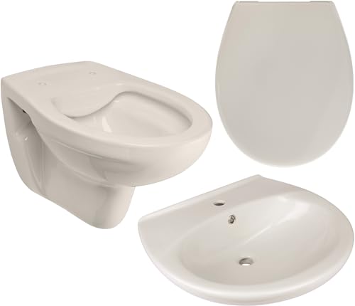 Calmwaters® Spülrandloses Hänge WC, Set in Pergamon aus Wand WC, Toilettendeckel mit Absenkautomatik und 60 cm großem Waschbecken, 99000203 von Calmwaters