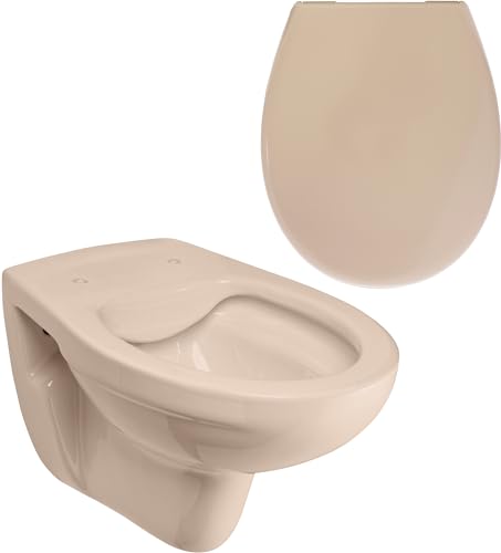 Calmwaters® Spülrandloses Hänge WC, Tiefspül WC aus Keramik, Komplettset mit WC Sitz mit Absenkautomatik in Beige-Bahamabeige, Waagerechter Abgang, WC Sitz aus antibakteriellem Duroplast, 99000190 von Calmwaters