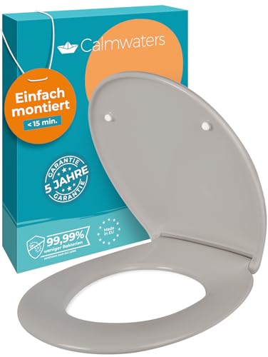 Calmwaters® Premium WC Sitz einfache Montage, Toilettendeckel bis 250 kg, Made in EU, aus antibakteriellem Duroplast, Absenkautomatik, 2 Montage Optionen, abnehmbar, Klobrille, oval, Manhattan-Grau von Calmwaters