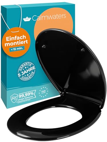 Calmwaters® Premium WC Sitz einfache Montage, Toilettendeckel bis 250 kg, Made in EU, antibakterieller Duroplast, doppelte Absenkautomatik, 2 Montage Optionen, abnehmbar, Klobrille, oval, Schwarz von Calmwaters