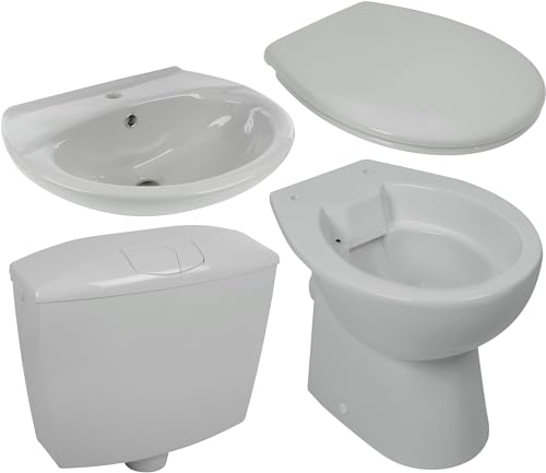 Calmwaters® spülrandloses Stand-WC und Waschbecken 55 cm, Set mit Spülkasten und Toilettendeckel Manhattan-Grau, Keramik und Kunststoff, Tiefspüler, WC-Sitz Absenkautomatik, 99000194 von Calmwaters