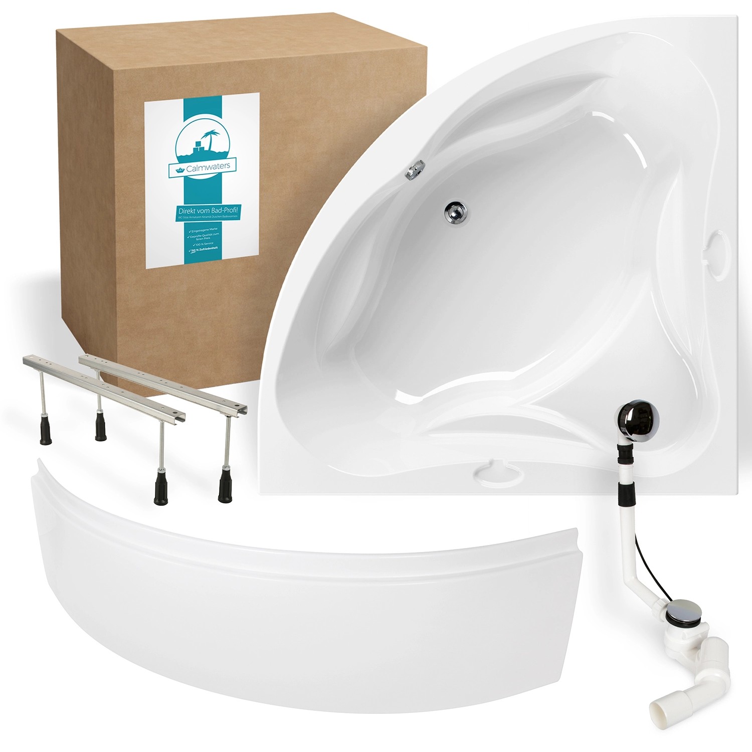 Calmwaters Eckbadewanne Original 140x140 cm Set Schürze Wannenfuß & Ablaufgarnitur 99000090 von Calmwaters