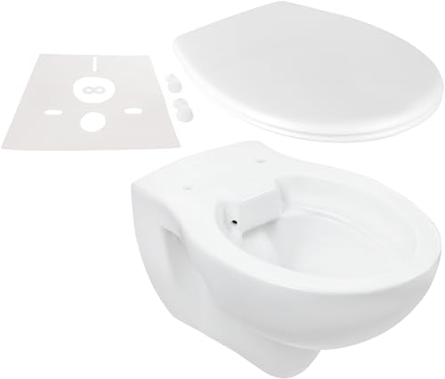 Calmwaters® Spülrandloses Wand WC im Set mit WC Sitz & Schallschutz, antibakterieller Toilettendeckel mit doppelter Absenkautomatik & abnehmbar, WC ohne Spülrand, mit Schallschutzmatte, 99000258 von Calmwaters