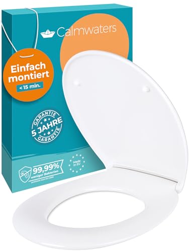 Calmwaters® Premium WC Sitz einfache Montage, Toilettendeckel bis 250 kg, Made in EU, aus antibakteriellem Duroplast, doppelte Absenkautomatik, 2 Montage Optionen, abnehmbar, Klobrille, oval, Weiß von Calmwaters