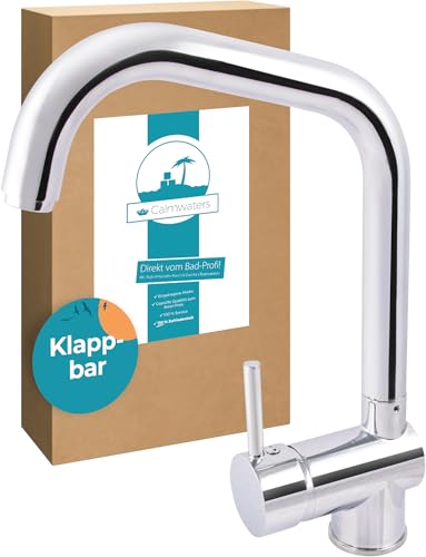 Calmwaters Wasserhahn Küche schwenkbar, Vorfenster Küchenarmatur klappbar, Hochdruckarmatur für Unterfenstermontage, Einhebel Amatur Küchenspüle 360° drehbar, Mischbatterie aus Messing, Chrom von Calmwaters