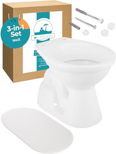 Calmwaters® Weißes Stand WC als Tiefspüler mit senkrechtem Abgang im Set mit Schallschutzmatte und Befestigung, 99000216 von Calmwaters