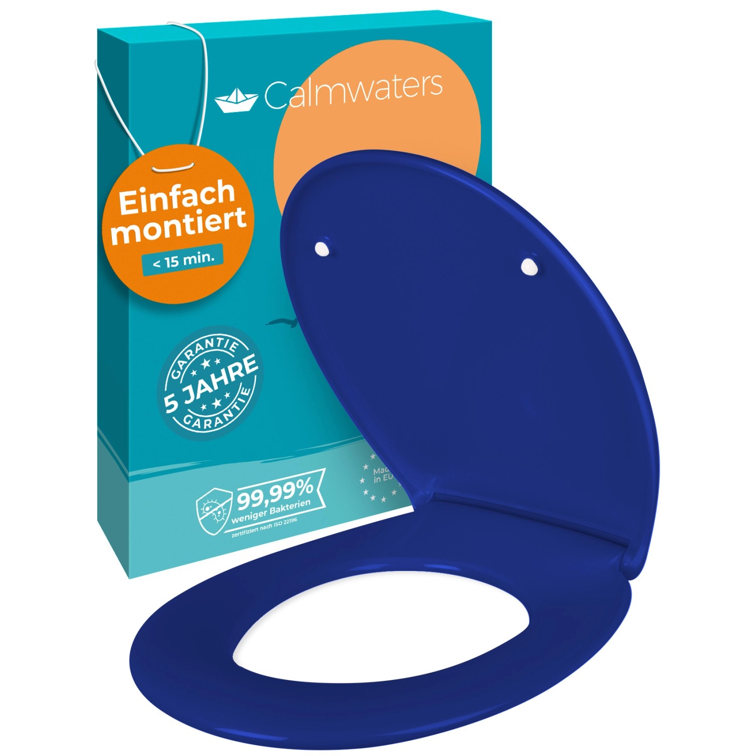 Calmwaters WC Sitz Premium Blau Absenkautomatik Made In EU 250 kg Antibakteriell Abnehmbar Duroplast 26LP6226 von Calmwaters