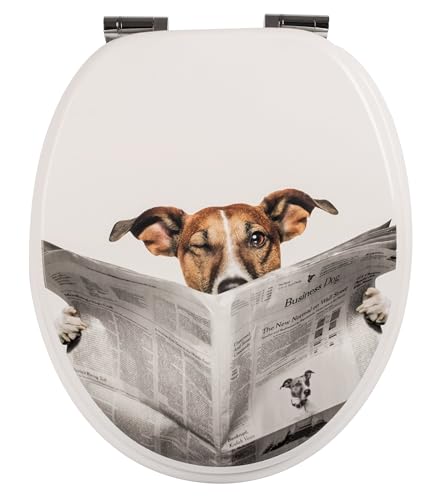 Calmwaters® WC Sitz Hund Schlauer Hund, Absenkautomatik, Fast-Fix-Befestigung aus Metall, universale O-Form, stabiler Holzkern Toilettendeckel, Komfort Toilettensitz lustig - 26LP2830 von Calmwaters