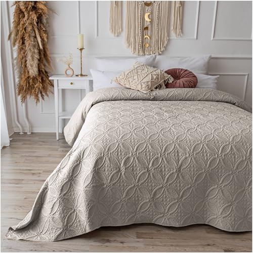 CalmyHOME Tagesdecke Bett Bettüberwurf Überwurf Ornamente 240x260cm Sofaüberwurf Steppdecke Sofa Decke Überwurfdecke Tages Decken Betthusse XXL Überdecke Gesteppte Tagesdecken (Beige) von CalmyHOME