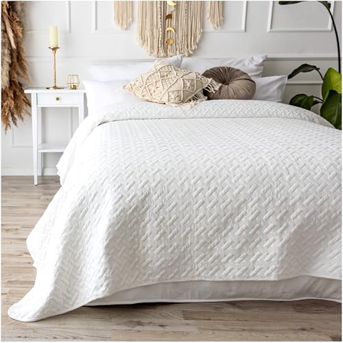 CalmyHOME Tagesdecke Bett Bettüberwurf Überwurf 170x220cm Sofaüberwurf Steppdecke Sofa Decke Überwurfdecke Betthusse XXL Überdecke Gesteppte Tagesdecken gesteppt Quilt Bedspread (Weiß) von CalmyHOME