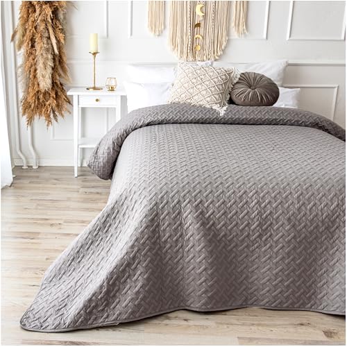 CalmyHOME Tagesdecke Bett Bettüberwurf Überwurf 200x220cm Sofaüberwurf Steppdecke Sofa Decke Überwurfdecke Betthusse XXL Überdecke Gesteppte Tagesdecken gesteppt Quilt Bedspread (Grau) von CalmyHOME