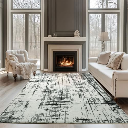 Calore Teppich Wohnzimmer Kurzflor Teppich Schlafzimmer rutschfest Weich Moderner Wohnzimmerteppich Große Teppiche (Abstrakt grau/weiß/schwarz, 200 x 250 cm) von Calore