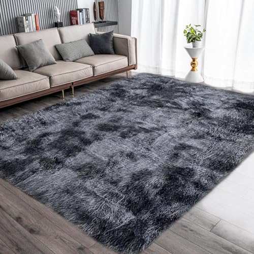 Calore Teppiche Flausching Wohnzimmer Teppiche Shaggy Teppiche Schlafzimmer Teppich Waschbarer Weiche Teppiche Bequeme ​für Wohnkultur (Grau Schwarz, 160 x 200 cm) von Calore