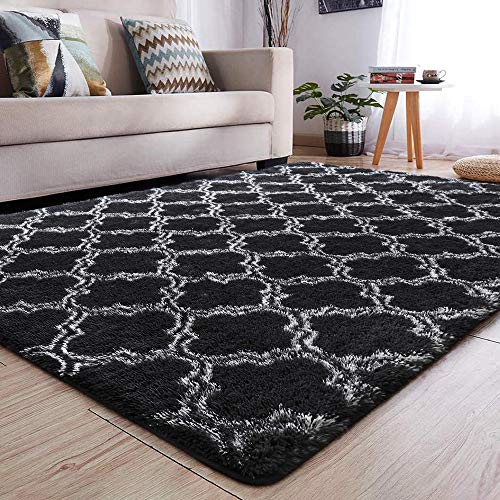 Calore Teppiche Schlafzimmer Flauschig Weicher Hochflor Teppich Anti-Rutsch-Teppich Wohnzimmer Moderne Teppiche Waschbarer (160 x 230 cm, Schwarz Weiß) von Calore