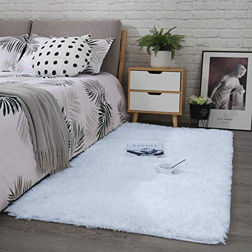 Calore Teppiche Schlafzimmer Flauschig Weicher Hochflor Teppich Anti-Rutsch-Teppich Wohnzimmer Moderne Teppiche Waschbarer (80 x 120 cm, Weiß) von Calore