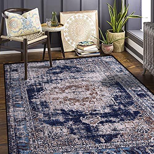 Calore Teppich Wohnzimmer, Teppiche Vintage rutschfeste Kurzflor Teppich für Schlafzimmer, Wohnzimmer, Esszimmer, Küche, Eingang (Retro/Marineblau, 160×200 cm) von Calore