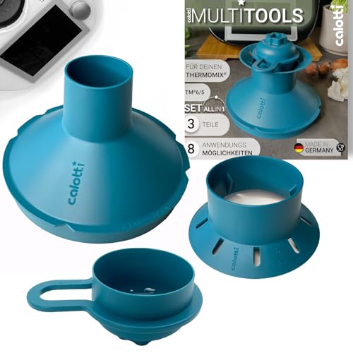 Calotti® Multitools für Thermomix TM6 und TM5 - Trichter, Mixraumverkleinerer, Dampfkamin, Spritzschutz, Teigblume, Deckel, Portionierer, Ausstecher - all in one - Acht Funktionen, drei Teile, ein Set von Calotti