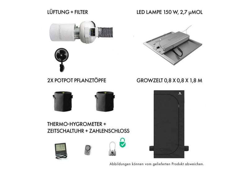 Caluma Foliengewächshaus Caluma Growbox Komplettset 80x80x180cm für 2 Pflanzen, BxTxH: 80 x 80 x 180 cm, Komplettset, 80x80x180 cm,150W LED, Prima Klima PKVS-100-TC Lüftungsset von Caluma