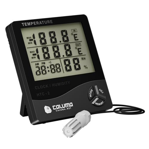 Caluma Thermo-Hygrometer mit externer Sonde & 2 m Kabel – LCD-Display mit Uhr, Wecker & Kalender, Messung Temp. & Luftfeuchte (−50 °C–70 °C / 10–88% rF) von Caluma