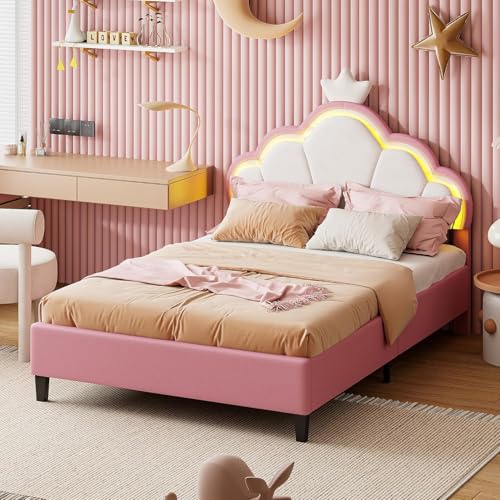 Bed, Double, Cadre de Avec lumières LED, Avec tête de réglable en Hauteur, Avec couronne, Simple en Cuir PU, Rose () von Caluself