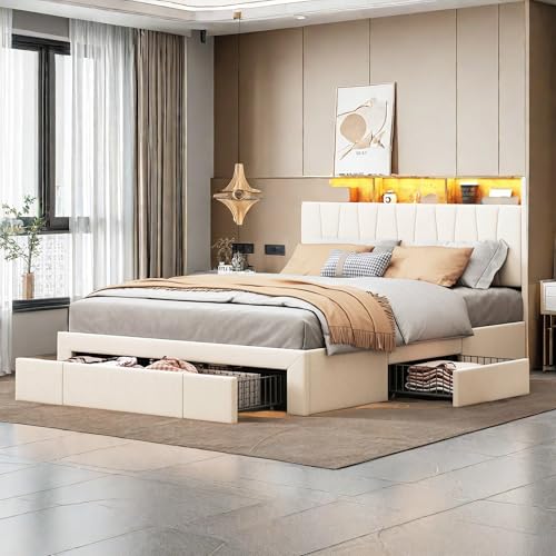 Bed Double Avec Rangement, éclairage LED, 4 tiroirs en fer, fonction de Rangement, chargement USB, Assemblage Rapide, Cadre de en métal Velours X5y3Z1 Bed Double Avec Rangement, éclairage LED, 4 tiroirs en fer, fonction de Rangement, chargement USB, Assemblage Rapide, Cadre de en métal Velours X5y3Z1 von Caluself