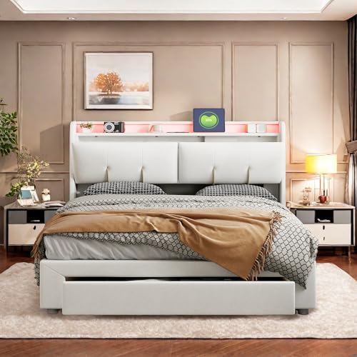 Bed Double Avec Rangement, éclairage LED, fonction de Rangement Avec Barre à GAZ, chargement USB, Assemblage Rapide, Cadre de en métal Velours, S5t7U6 von Caluself