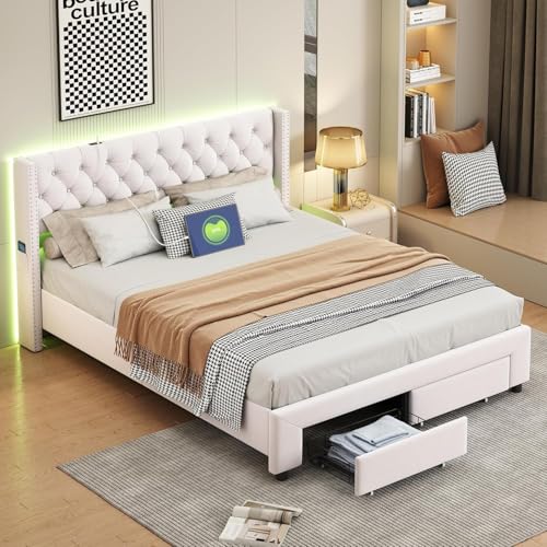 Bed capitonné, Avec 2 tiroirs, tête de Avec LED et USB, Double Avec Espace de Rangement et sommier à Lattes, fonctionnel, dossier et Cadre de Stfc von Caluself