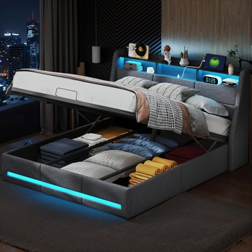 Bed de Rangement Cadre de King Size Avec tête de de Rangement et Plateforme légèrement rembourré Avec Station de Charge, Lattes de en Bois massif, facile à Assembler, aucun sommier requis FpXa von Caluself