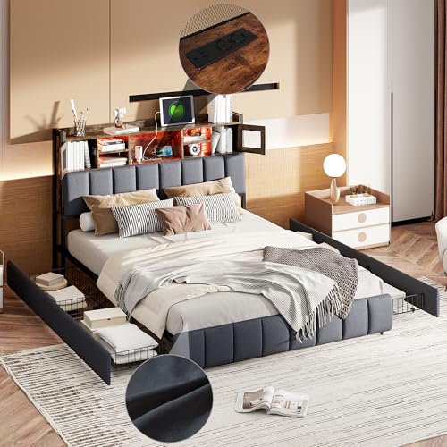Caluself 160 x 200 cm Doppelbett mit schwarzem Leinenbezug und Kopfteil mit Schubladen für Stauraum von Caluself