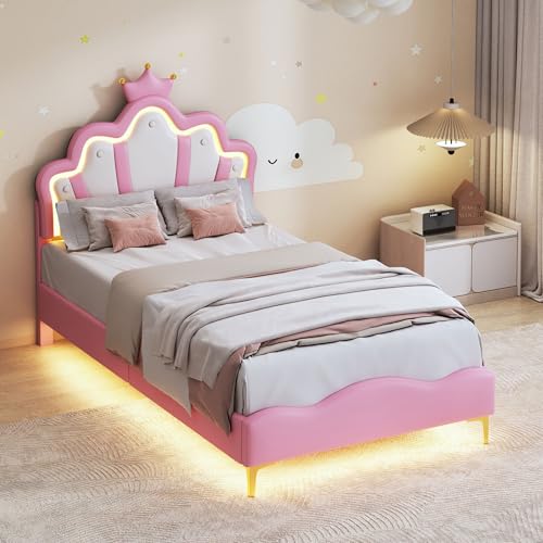 Caluself 90x200cm Flaches Doppelbett, kronenförmiges Prinzessinnenbett, weiche Polsterung aus PU-Leder, Verstellbarer LED-Umgebungslichtstreifen, Rosa Caluself 90x200cm Flaches Doppelbett, kronenförmiges Prinzessinnenbett, weiche Polsterung aus PU-Leder, Verstellbarer LED-Umgebungslichtstreifen, Rosa von Caluself