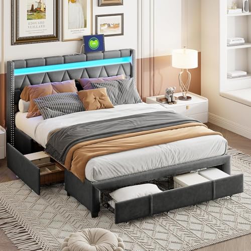 Caluself Bed,Bettgestell mit Stauraum, LED-Doppelbett mit 4 Schubladen, graues Polsterbett, rautenförmiges Kopfteil, USB-Ladefunktion, modernes Schlafzimmer-Stauraumbett, Leinenstoff (grau,), dasda von Caluself