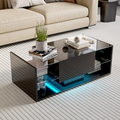 Caluself Couchtisch Hochglanz Schwarz mit Beleuchtung, Skandinavisches Design Esstisch Schwebend, Wohnzimmer Tisch mit Integrierter Lichtfunktion Caluself Couchtisch Hochglanz Schwarz mit Beleuchtung, Skandinavisches Design Esstisch Schwebend, Wohnzimmer Tisch mit Integrierter Lichtfunktion von Caluself
