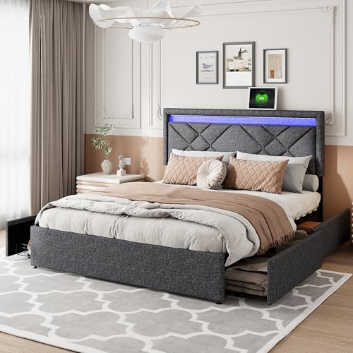 Caluself Doppelbett 160x200 cm, Polsterbett -Kopfteil, Bett mit 4 Schubladen, Höhenverstellbares Kopfteil, Stauraumbetten, Funktionsbett, Ohne Matratze, Dunkelgrau Caluself Doppelbett 160x200 cm, Polsterbett -Kopfteil, Bett mit 4 Schubladen, Höhenverstellbares Kopfteil, Stauraumbetten, Funktionsbett, Ohne Matratze, Dunkelgrau von Caluself