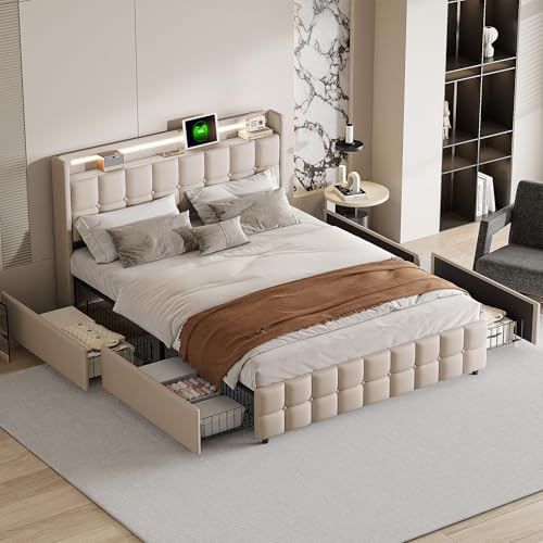 Caluself Doppelbett mit 4 Schubladen mit USB-Ladefunktion, Bett mit LED-Bettwäsche 140x200cm beige von Caluself