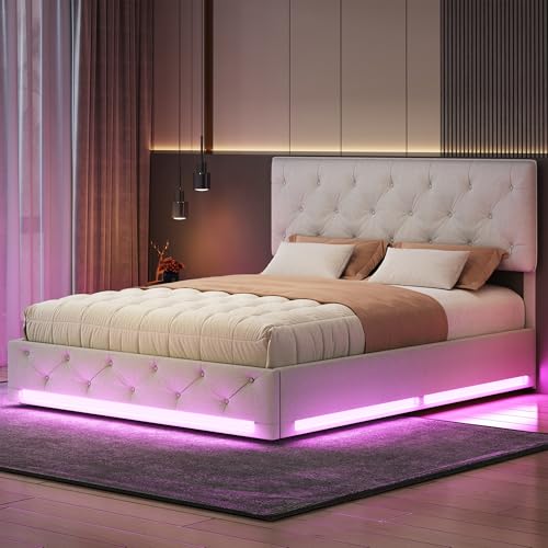 Caluself Doppelbett mit weicher Matratze 160 x 200 cm -Bett – Stauraum und Lattenrost – Verstellbares Kopfteil – Hydraulisches Stauraumbett – Matratze Nicht im Lieferumfang enthalten – Beige von Caluself