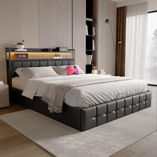 Caluself Doppelbett schwarzes Leder LED-Luftdruckbalken Aufbewahrung weiche Tasche Bett 140x190CM Bett mit Lichtgurt von Caluself