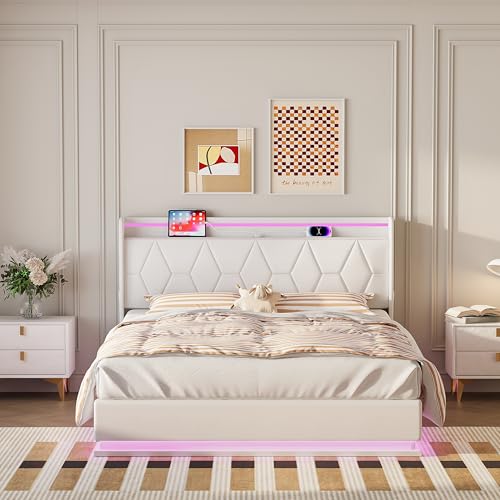 Caluself Doppelbett weißer Flanell-Nachttischlampengürtel + Nachttischaufladung + Nachttischseite dreiseitiger Lampengürtel am Ende des Bettes + Luftdruckbalkenfunktion 160x200cm von Caluself