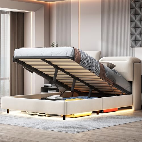 Caluself Gepolstertes Doppelbett – 140 x 200 cm mit klappbarem, verstellbarem Kopfteil – Bettrahmen mit hydraulischem Hebemechanismus – LED-Lichtleiste unter dem Bett von Caluself