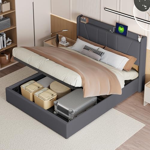 Caluself Gepolstertes Doppelbett – 160 x 200 cm, Grauer Rahmen mit hydraulischem Hebesystem und USB-Anschlüssen von Caluself