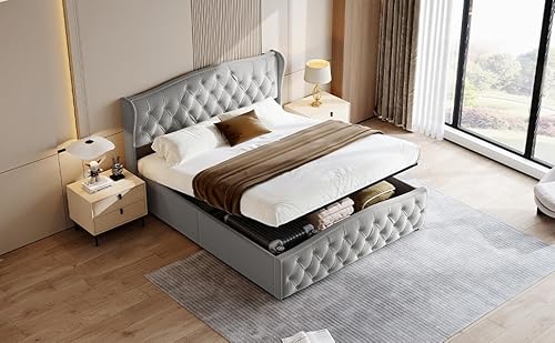 Caluself Hydraulisch anhebbares Doppelbett,Polsterbett Doppelbett, Bett mit Stauraum und Lattenrost aus Holz, Samt, Ohne Matratze,ideal für Schlafzimmer (Grau, 160/140x200) von Caluself