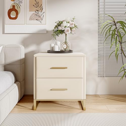 Caluself Nachttisch mit Doppelschublade beige Samt + Gold galvanisierter Sockel von Caluself