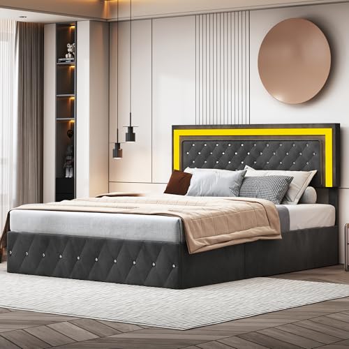 Caluself Polster-Doppelbett 140 x 200 cm Leder-Doppelbett mit Stauraum Bett mit Lattenrost Samt-Bettrahmen mit Kopfteil und Lattenrost Funktionales Bett mit Stauraum – schwarz von Caluself