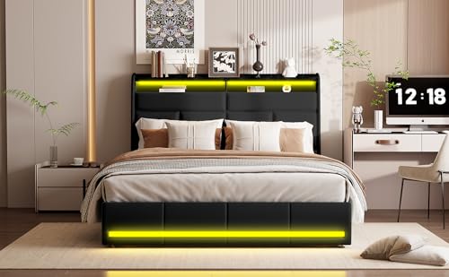 Caluself Polsterbett, Boxspringbett mit Stauraum, Doppelbett, Hydraulisch Stauraumbett Rückenlehne Bettgestell,Bett mit Lattenrost aus ohne Matratze (Schwarz, Weiß) von Caluself