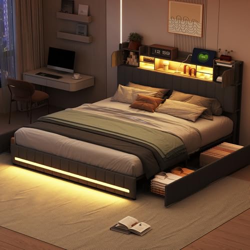 Caluself Polsterbett – Bettrahmen mit Vier Schubladen – Kopfteil mit Stauraum – Grau – 140 x 190 cm von Caluself