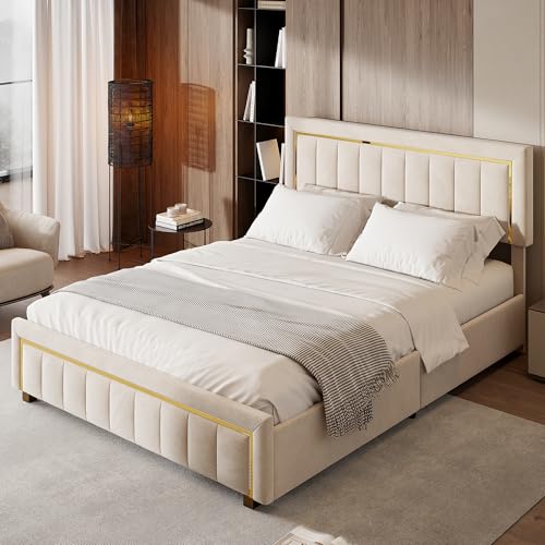 Caluself Polsterbett Doppelbett 160×200 cm, Gepolstertes Bett mit Stauraum, Hydraulikmechanismus & Eleganten goldenen Akzenten, Perfekt für stilvolle Schlafzimmer, Samt, ohne Matratze Beige Caluself Polsterbett Doppelbett 160×200 cm, Gepolstertes Bett mit Stauraum, Hydraulikmechanismus & Eleganten goldenen Akzenten, Perfekt für stilvolle Schlafzimmer, Samt, ohne Matratze Beige von Caluself